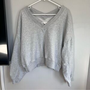 Aerie V Neck Sweatshirt Gray Crop Off The Shoulder M Oversized